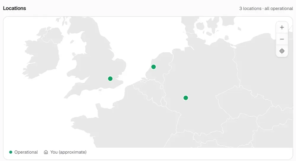 An example network status page with PoPs, transit and IX links as components with their own status.