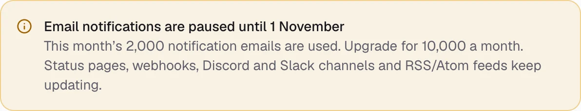 Upstreamr admin, Billing, a notice: “Email notifications are paused until 1 November. This month’s 2,000 notification emails are used. Upgrade for 10,000 a month. Status pages, webhooks, Discord and Slack channels and RSS/Atom feeds keep updating.” Example organisation on the free plan.