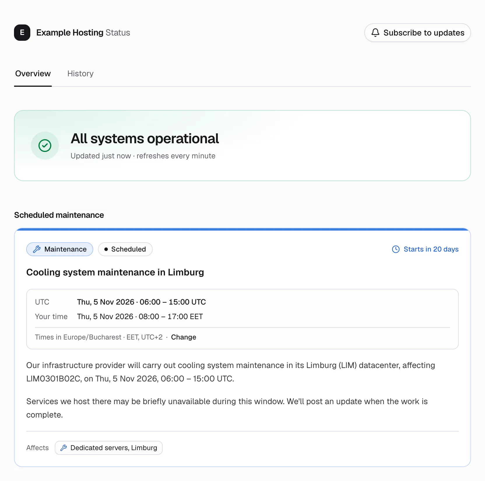 An example status page with a scheduled maintenance written by the hosting company: cooling system maintenance in Limburg, Thu 5 Nov 2026, 06:00 to 15:00 UTC, affecting Dedicated servers, Limburg. Example data.