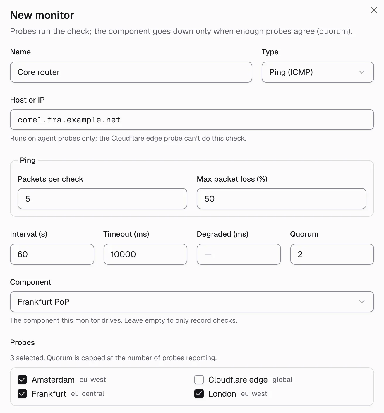 Upstreamr admin, the New monitor dialog: a Ping check named Core router for core1.fra.example.net, quorum 2, driving the Frankfurt PoP component, run by three probe agents (Amsterdam, Frankfurt and London). Example organisation.