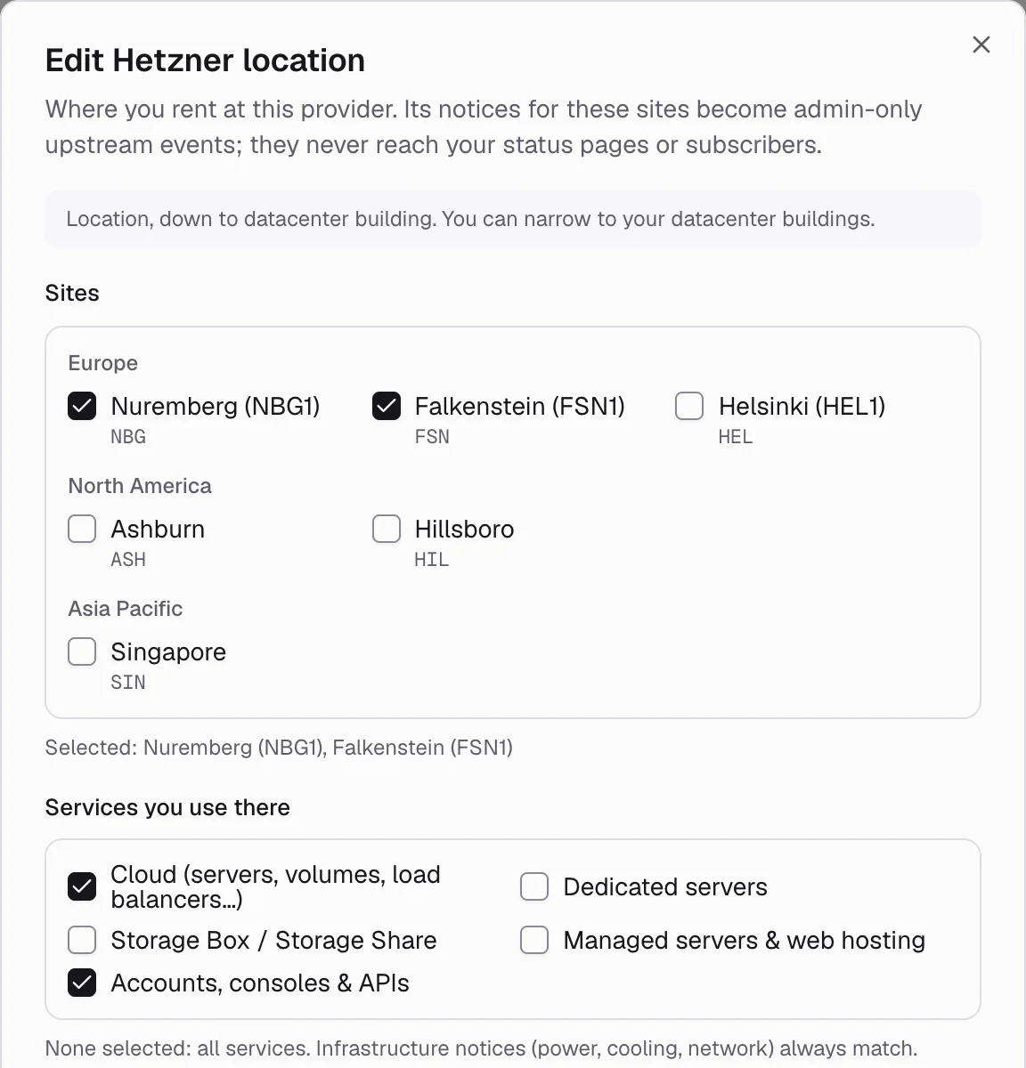 Upstreamr admin, editing a Hetzner location: the sites Nuremberg (NBG1) and Falkenstein (FSN1), and the services used there, Cloud and Accounts, consoles & APIs. Example organisation.