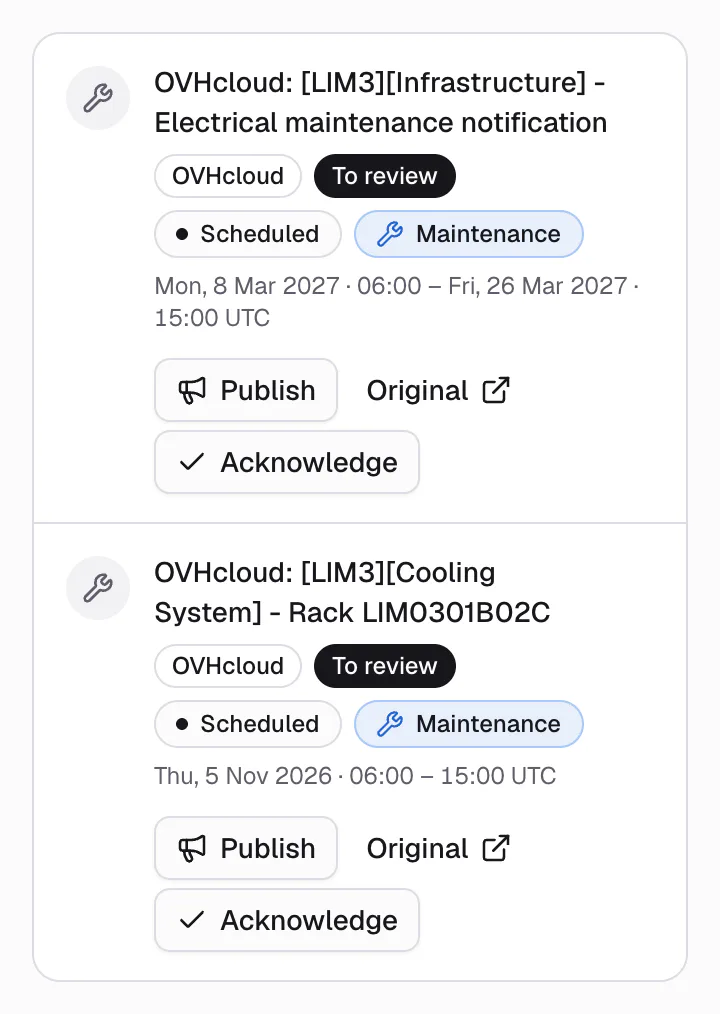 Upstreamr admin, Incidents, Upstream tab: two OVHcloud notices to review, a LIM3 electrical maintenance and the LIM3 cooling maintenance for rack LIM0301B02C on Thu 5 Nov 2026, 06:00 to 15:00 UTC. Example organisation.